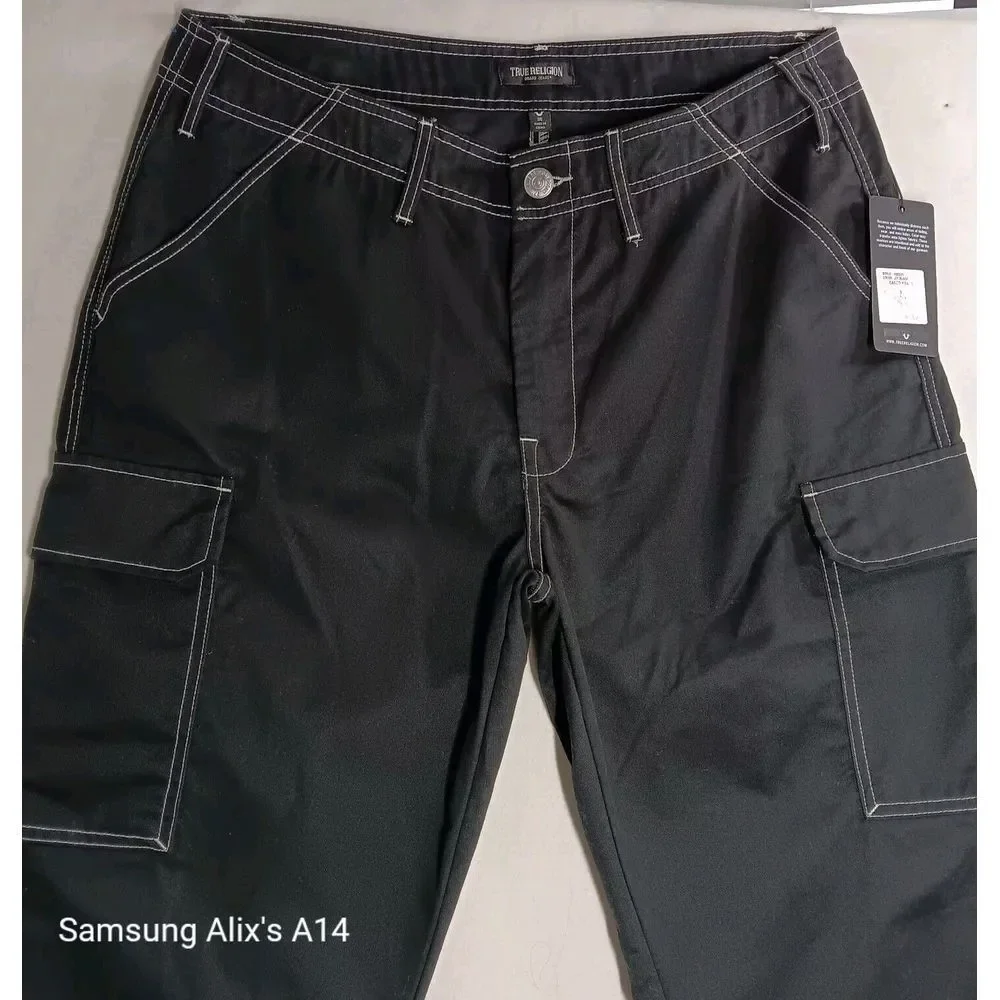 True Religion Cargo Pants Jet‎ Black White Stitch 108335R Mens Size 36